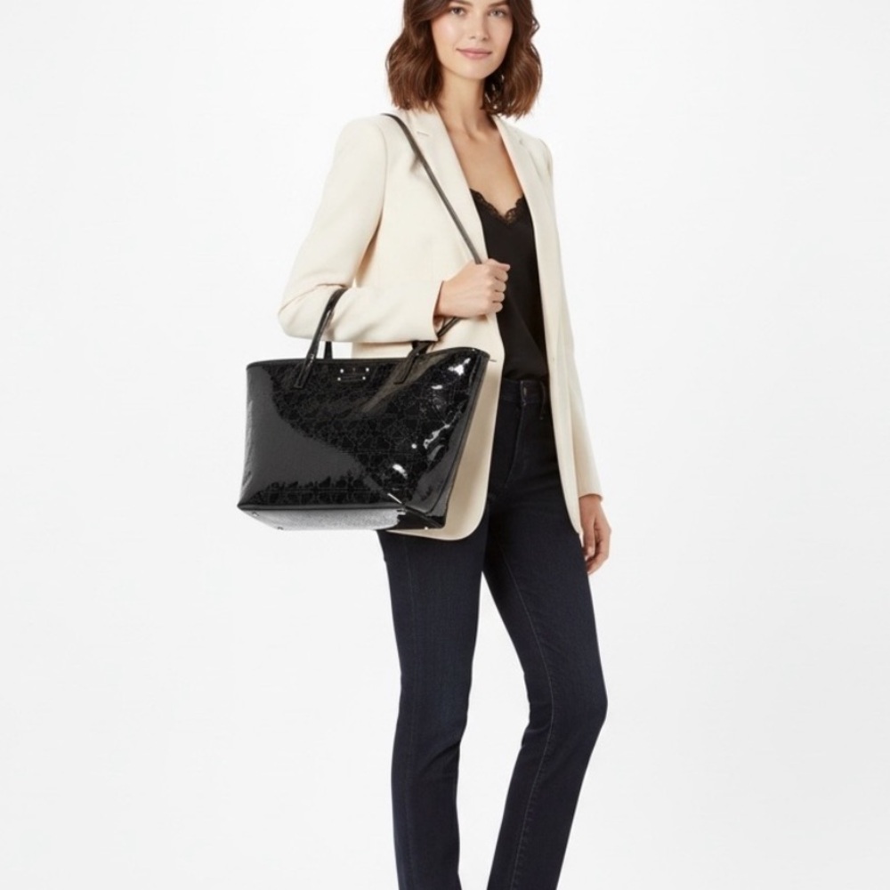 Kate Spade Sophia Camellia Street Black Patent Polka Dot Embossed Tote Bag Zip